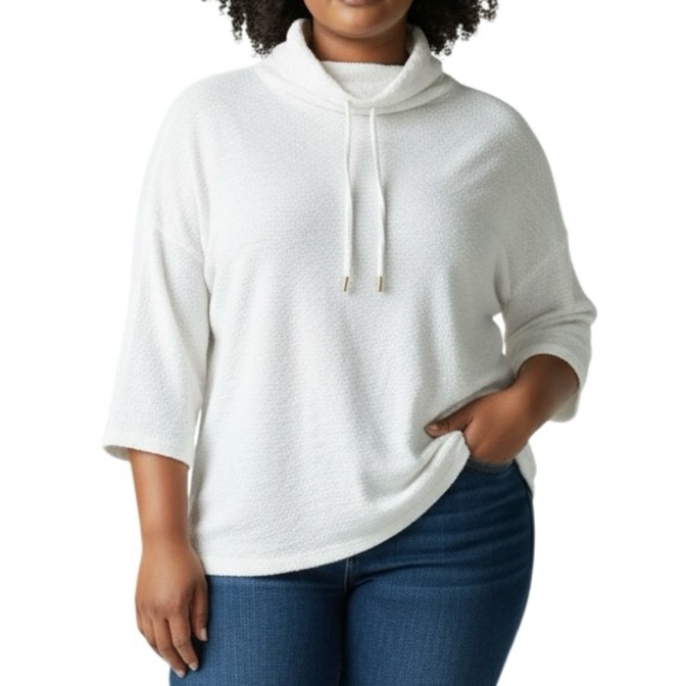 Jones New York White Cowl neck Sweatshirt Plus Size 3X Drawstring Textured